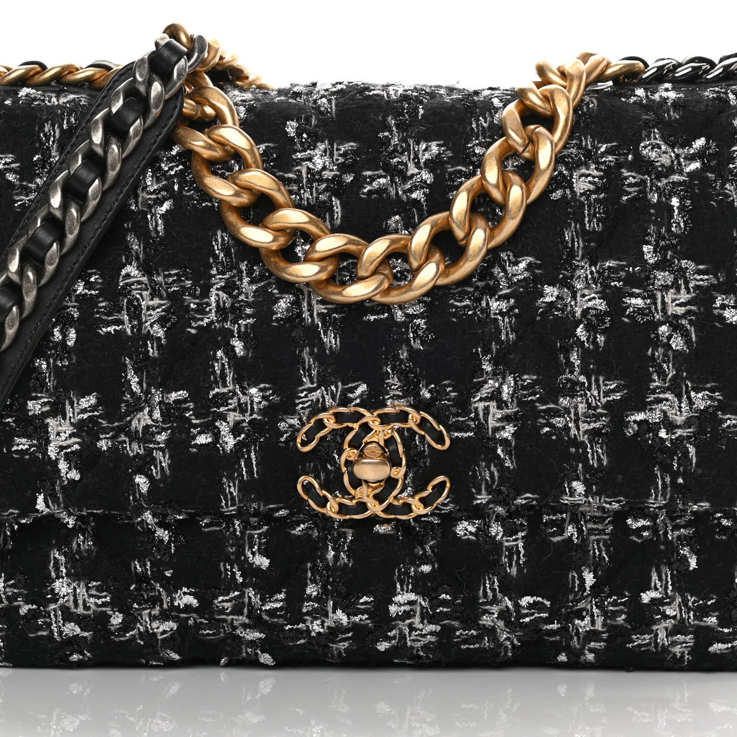 Tweed Quilted Large Chanel 19 Flap Black Ecru White