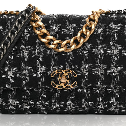 Chanel Tweed Quilted Large Chanel 19 Flap Black Ecru White 8 of 11