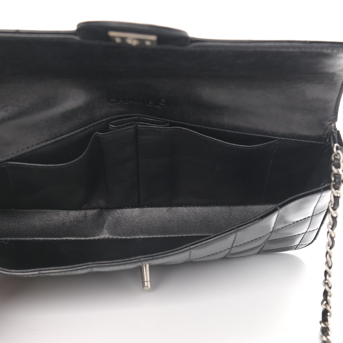Patent Quilted East West Chocolate Bar Flap Black