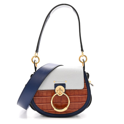 Chloe Shiny Calfskin Crocodile Embossed Small Tess Bag Blue Brown 1 of 14