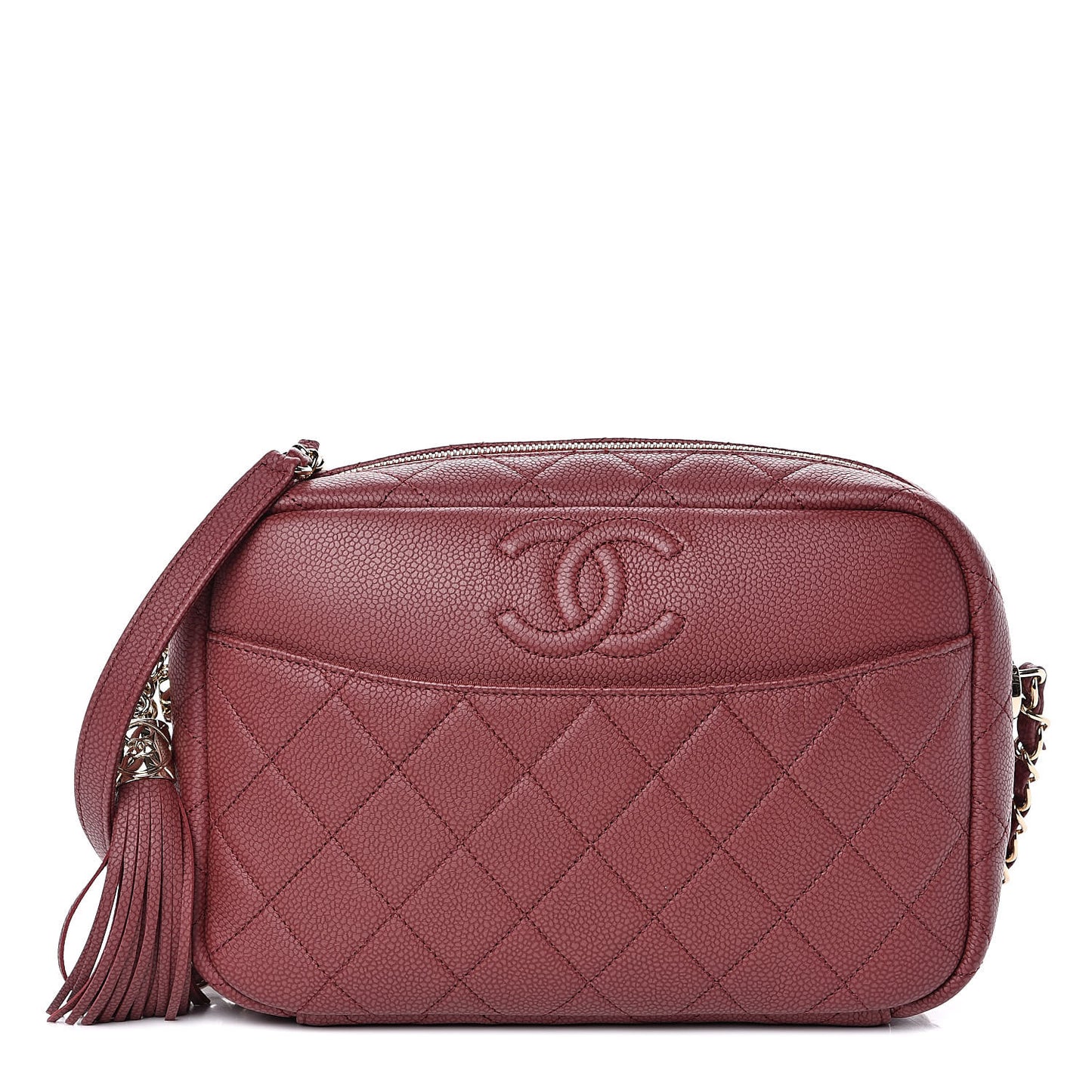 Caviar Quilted Medium Coco Tassel Camera Case Burgundy