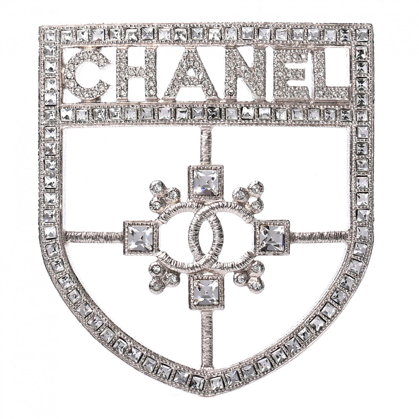 Swarovski Baguette Crystal CC Shield Brooch Silver