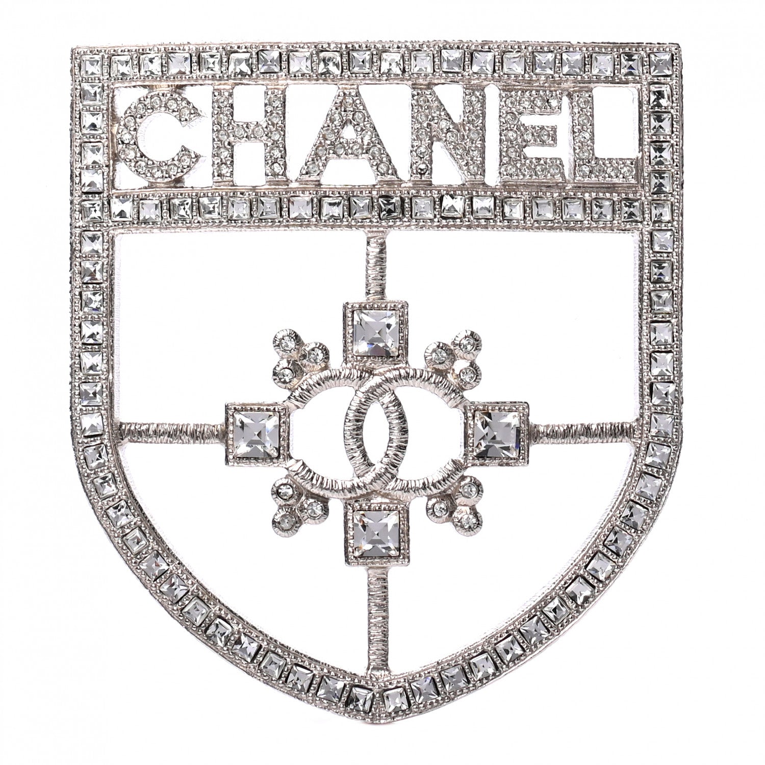 Chanel Swarovski Baguette Crystal CC Shield Brooch Silver 1 of 4