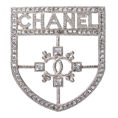 Chanel Swarovski Baguette Crystal CC Shield Brooch Silver 1 of 4
