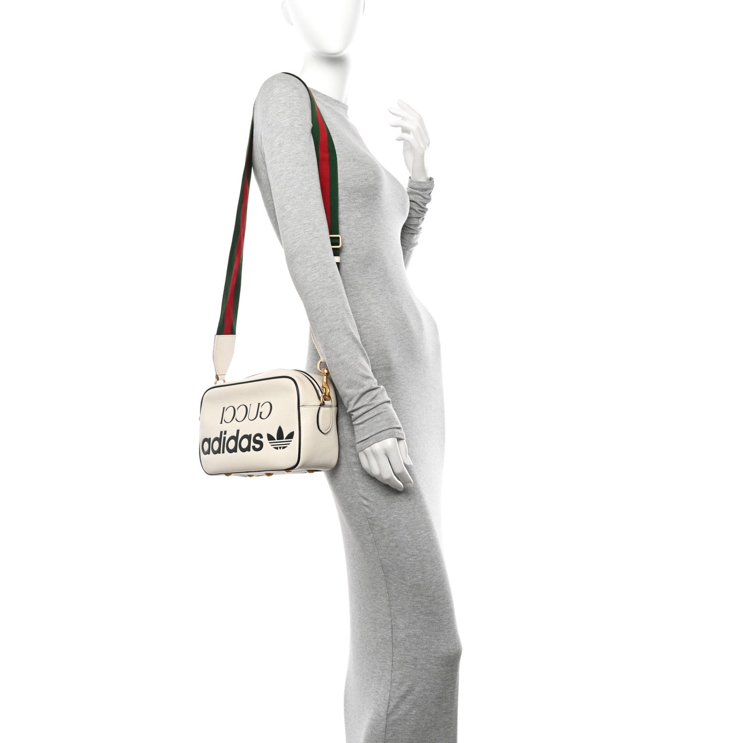 X ADIDAS Textured Dollar Calfskin Web Trefoil Logo Small Messenger Bag Off White Black