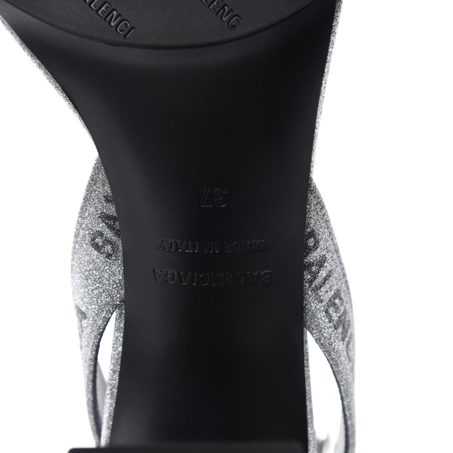 Balenciaga Glitter Allover Logo Ankle Strap Round Heel 80mm Sandals 37 Silver Black 6 of 9