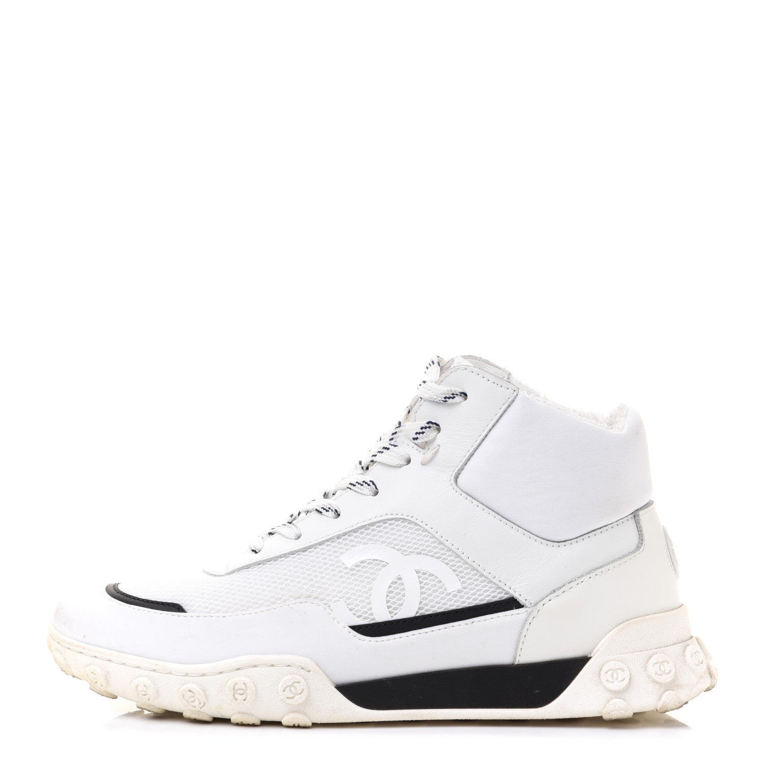 Chanel Calfskin Mesh Lycra Womens Logo High Top Sneakers 37 White 1 of 10