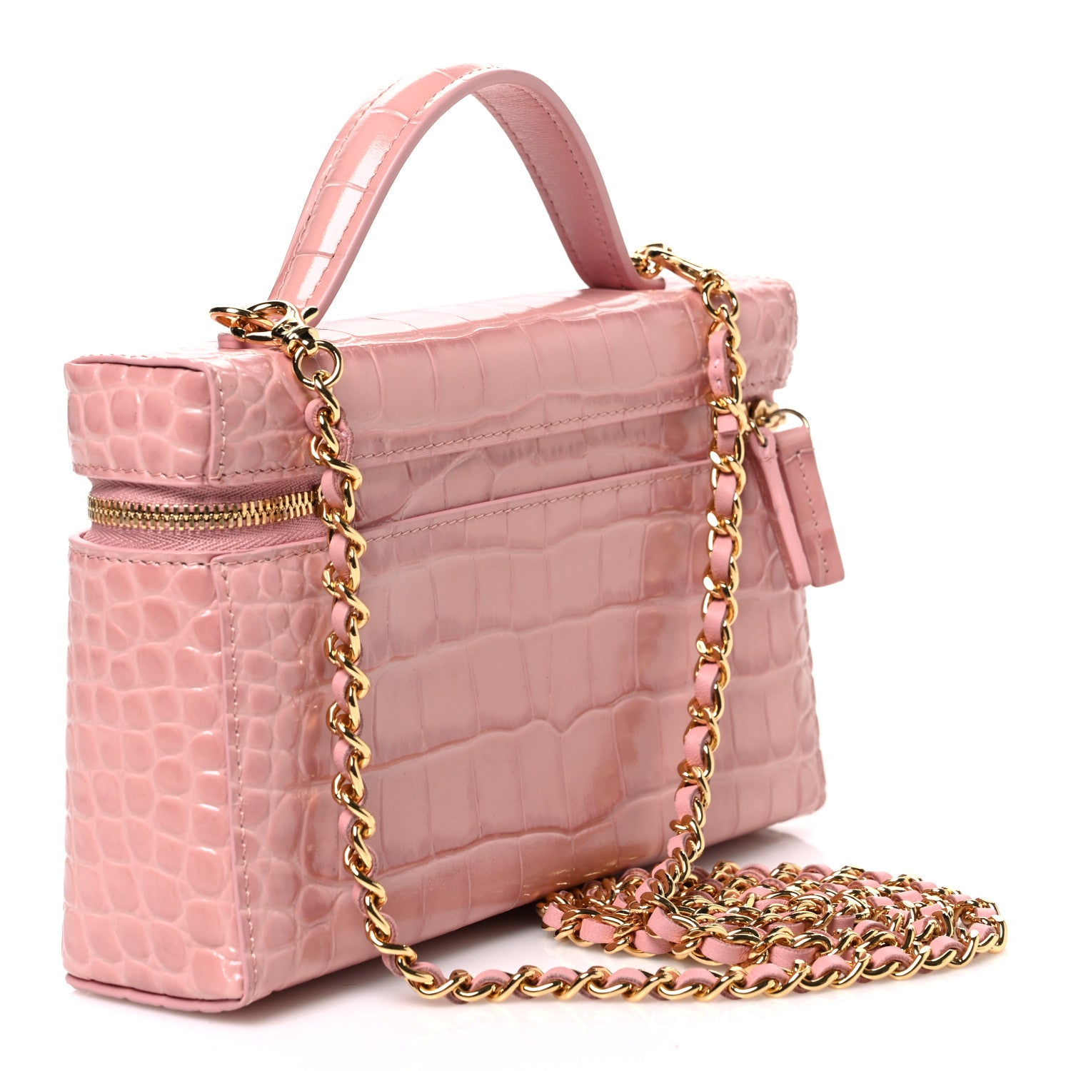 Chanel Calfskin Crocodile Embossed Crococo Top Handle Slim Vanity Case With Chain Light Pink 3 of 11