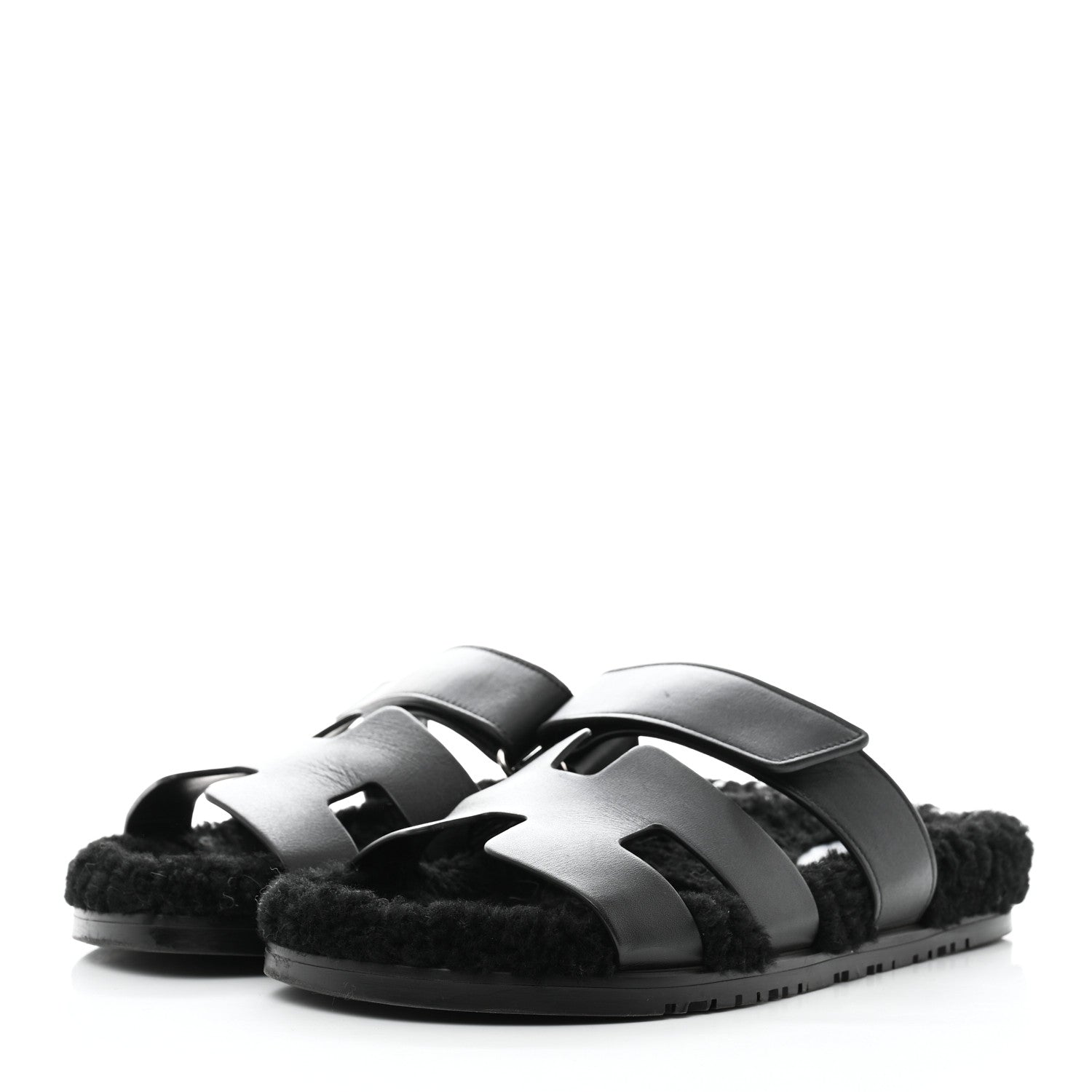 Hermes Calfskin Woolskin Womens Chypre Sandals 39.5 Black 3 of 9