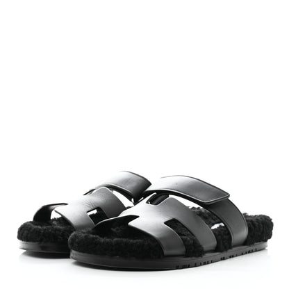 Hermes Calfskin Woolskin Womens Chypre Sandals 39.5 Black 3 of 9