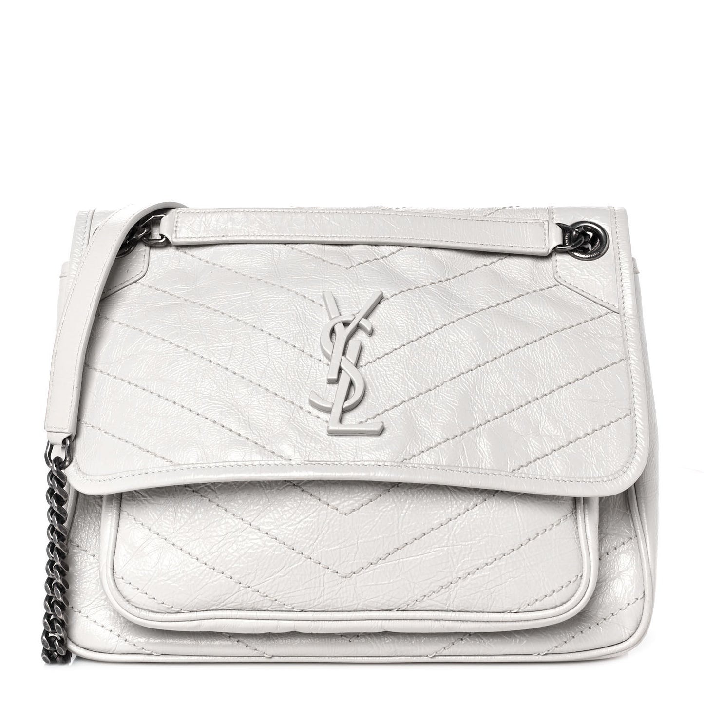 Crinkled Calfskin Matelasse Monogram Medium Niki Chain Satchel Pearl White
