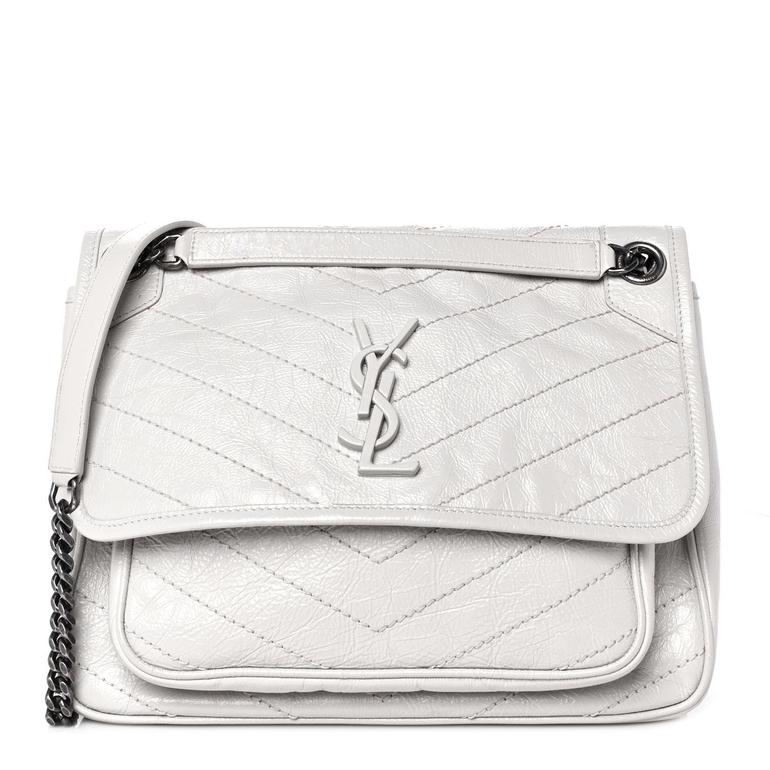 Saint Laurent Crinkled Calfskin Matelasse Monogram Medium Niki Chain Satchel Pearl White 1 of 9