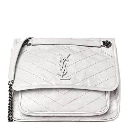 Saint Laurent Crinkled Calfskin Matelasse Monogram Medium Niki Chain Satchel Pearl White 1 of 9