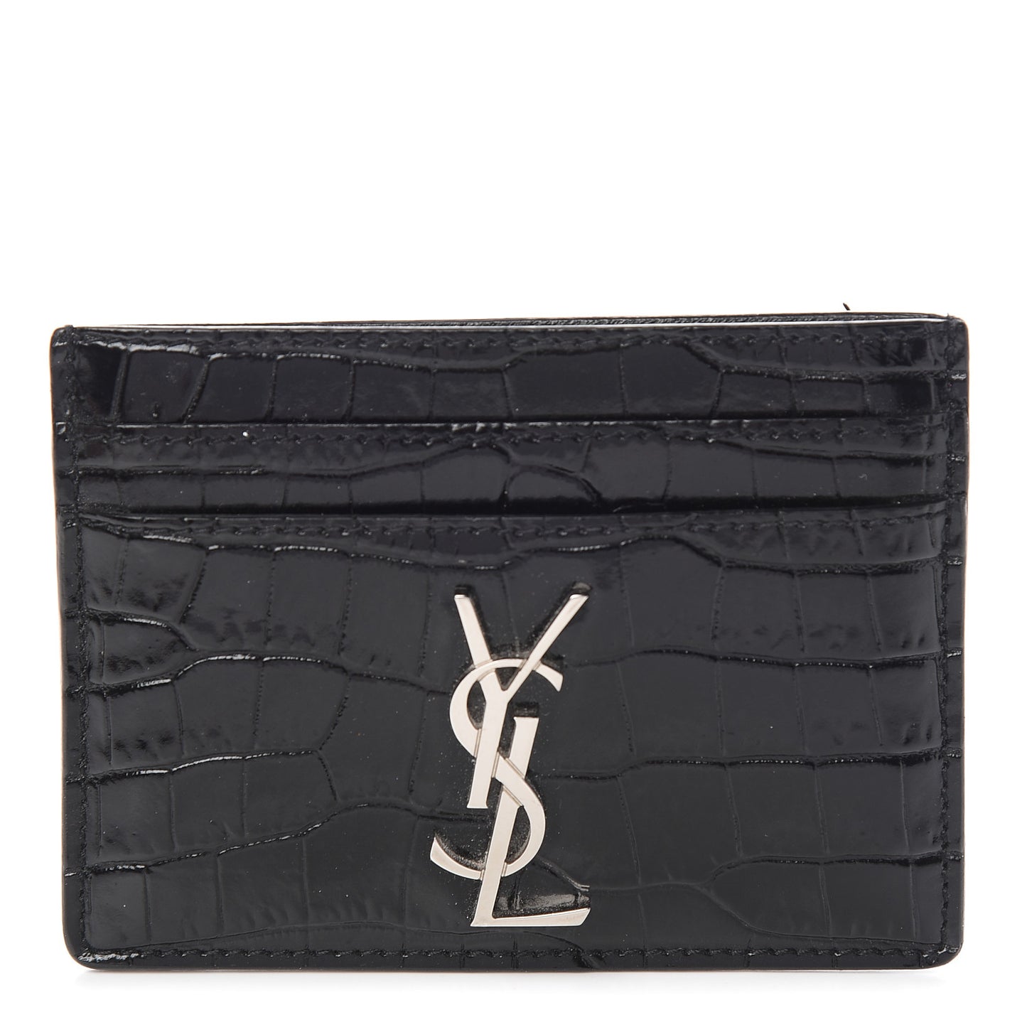 Calfskin Crocodile Embossed Monogram Credit Card Case Black