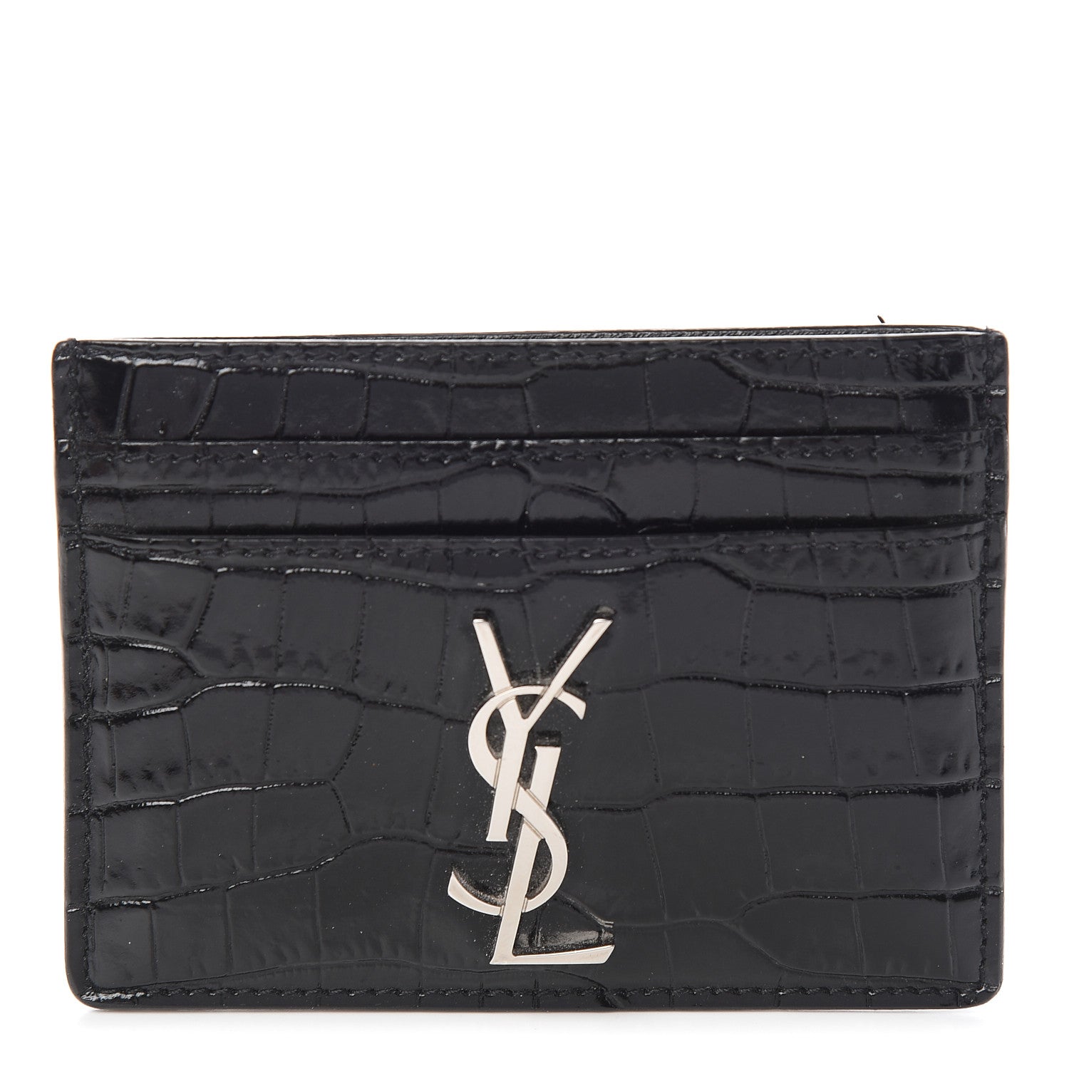 Saint Laurent Calfskin Crocodile Embossed Monogram Credit Card Case Black 1 of 9