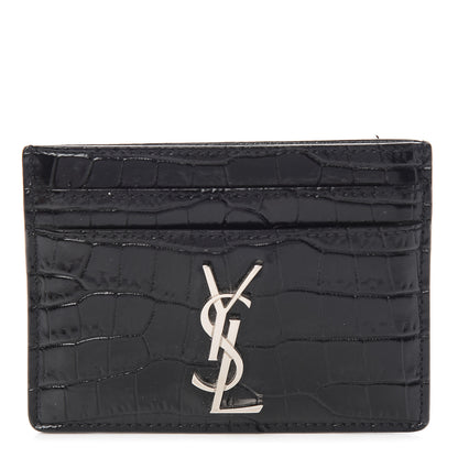 Saint Laurent Calfskin Crocodile Embossed Monogram Credit Card Case Black 1 of 9