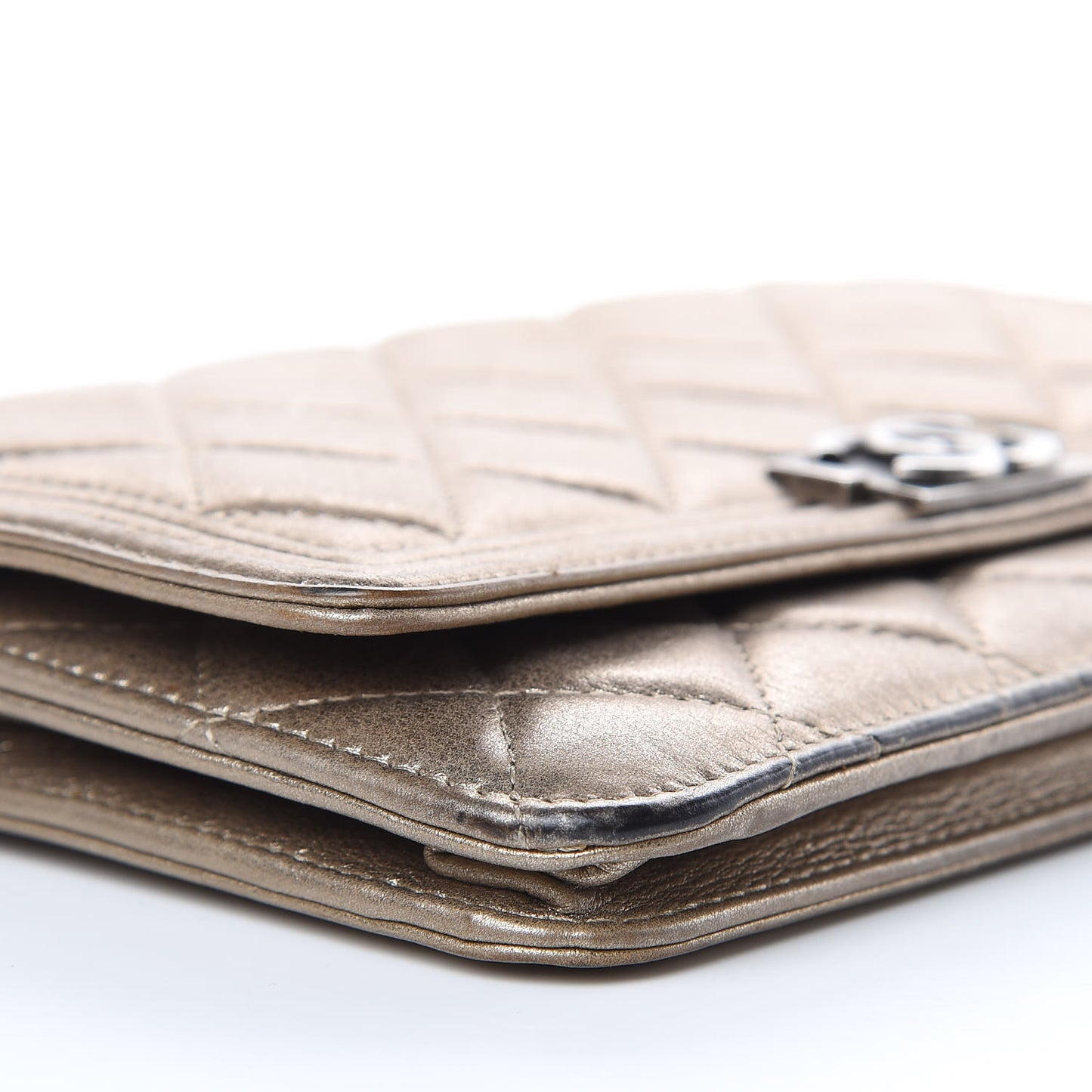 Metallic Calfskin Quilted Boy Wallet On Chain WOC Gold