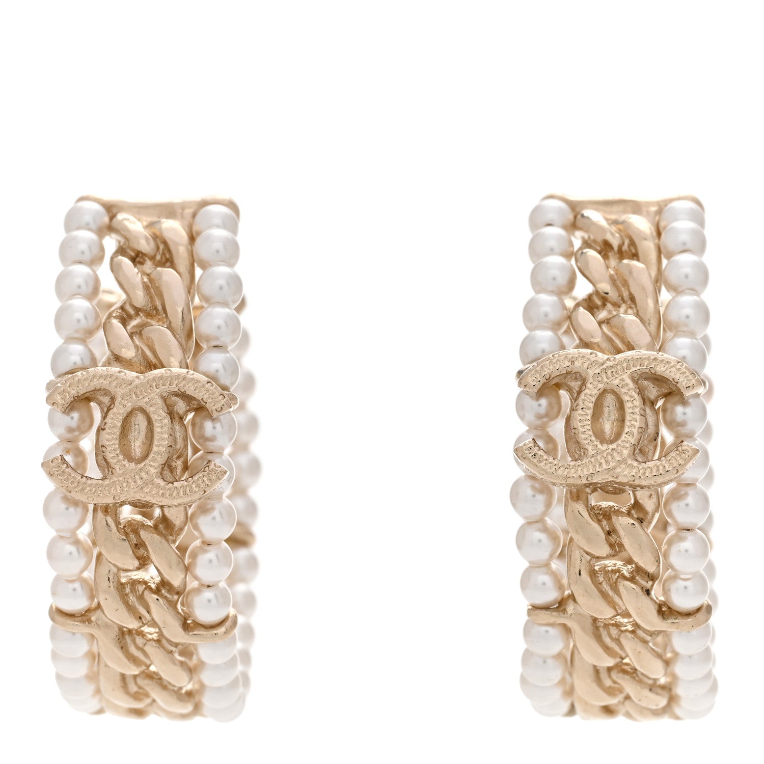 Chanel Pearl CC Chain Hoop Earrings Gold 1 of 4