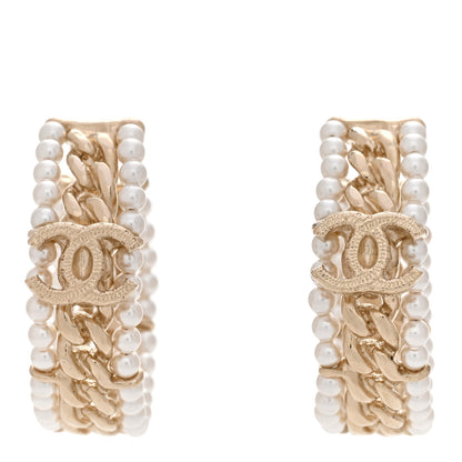 Chanel Pearl CC Chain Hoop Earrings Gold 1 of 4