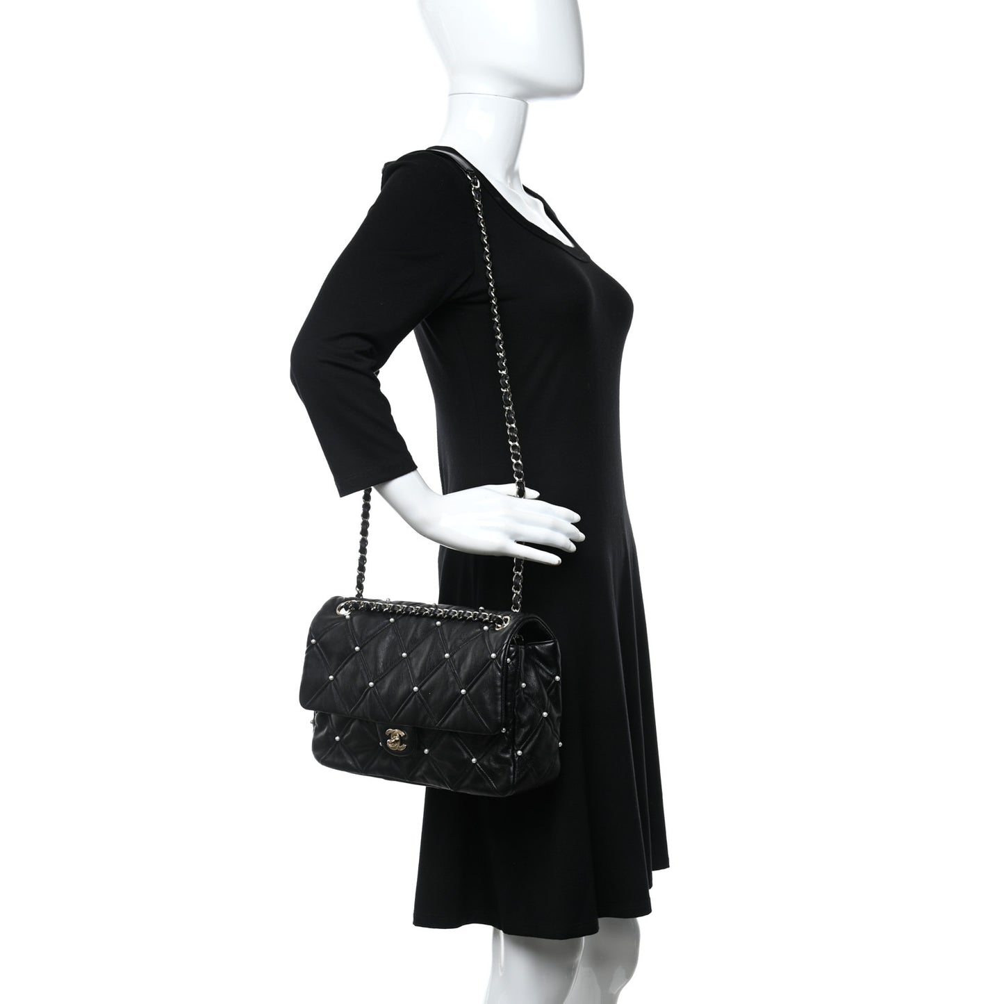 Lambskin Quilted Pearl Studded Flap Black