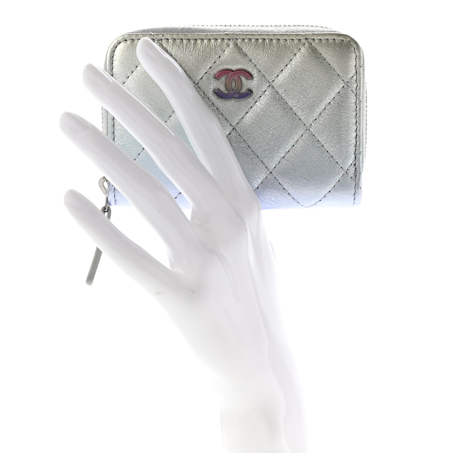 Gradient Metallic Calfskin Quilted Zip Around Coin Purse Wallet Silver Blue Yellow Purple