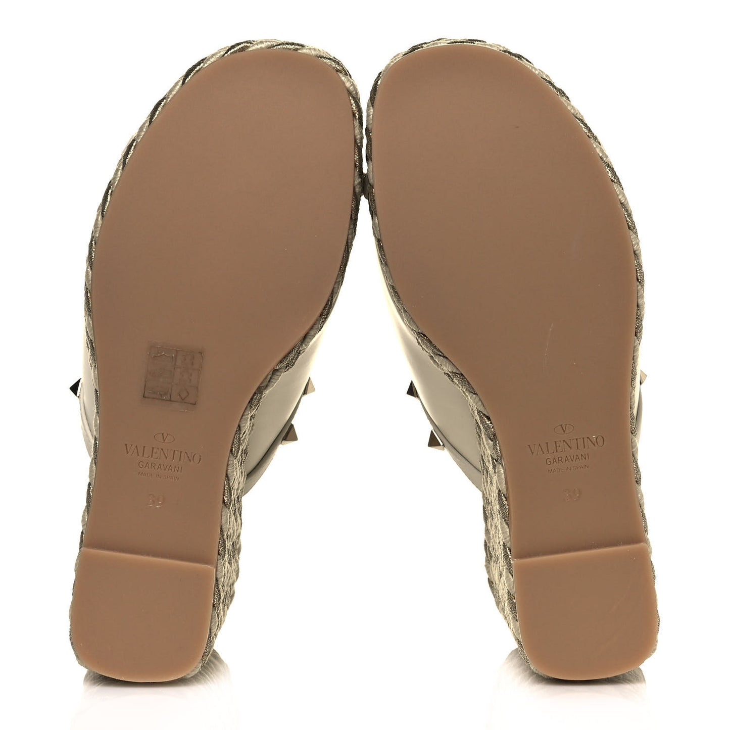 Calfskin Silk Rockstud Torchon Espadrille Wedge 25/115mm Slide Sandals 39 Light Ivory