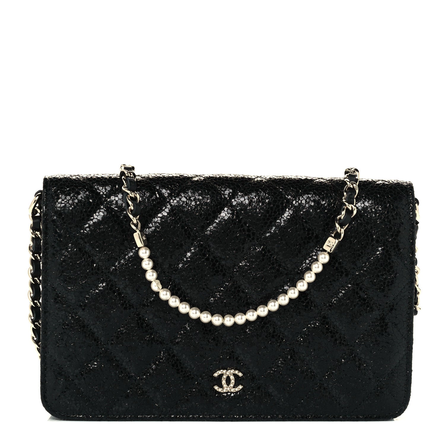 Chanel Crackled Patent Calfskin Quilted Pearl Wallet On Chain WOC Black 1 of 12