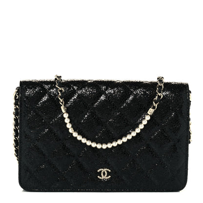Chanel Crackled Patent Calfskin Quilted Pearl Wallet On Chain WOC Black 1 of 12