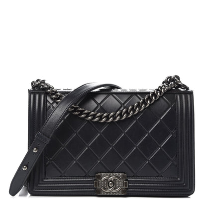 Chanel Calfskin Embossed New Medium Paris Salzburg Boy Flap Navy 1 of 11