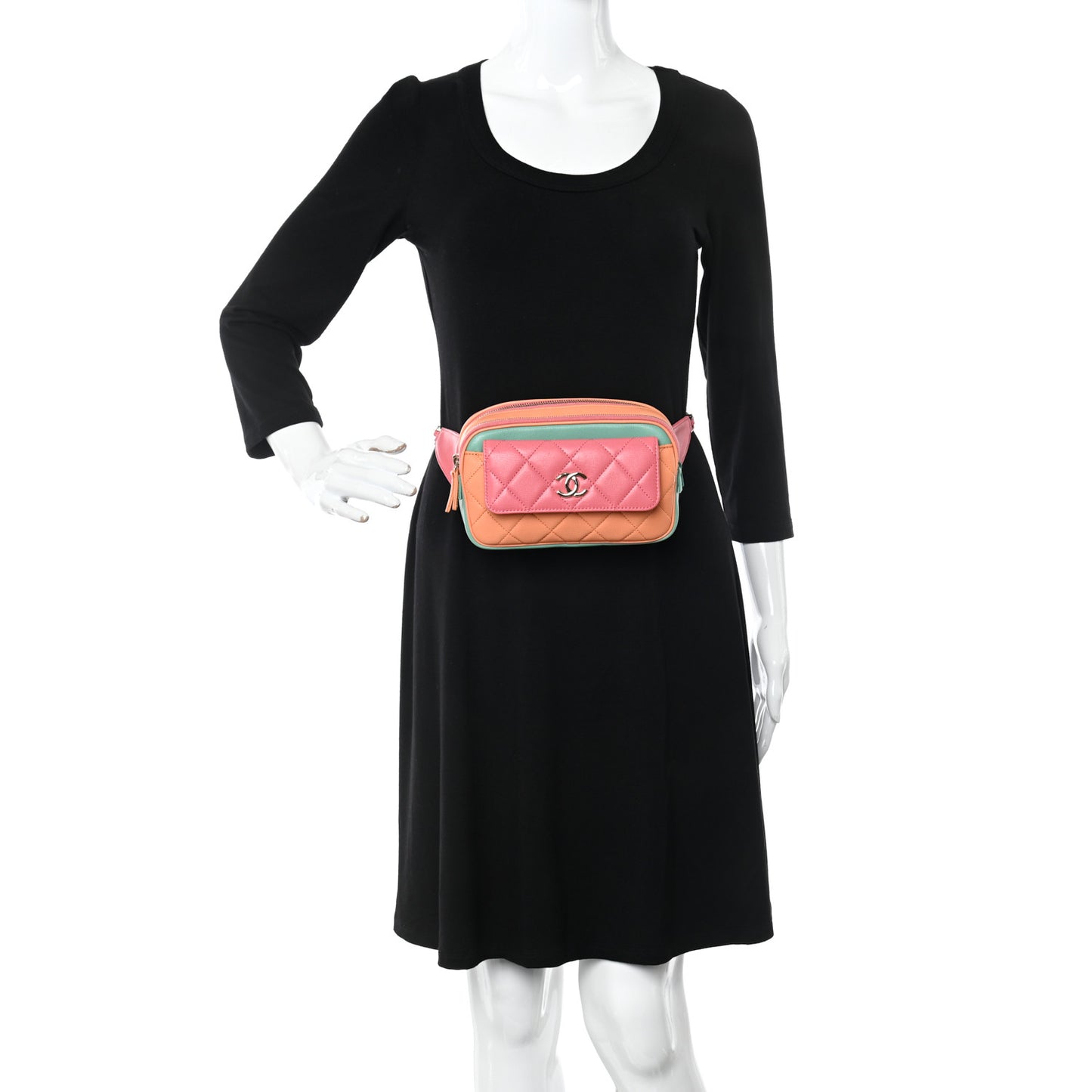 Goatskin Quilted Tri-Color In & Out Waist Bag Orange Green Pink