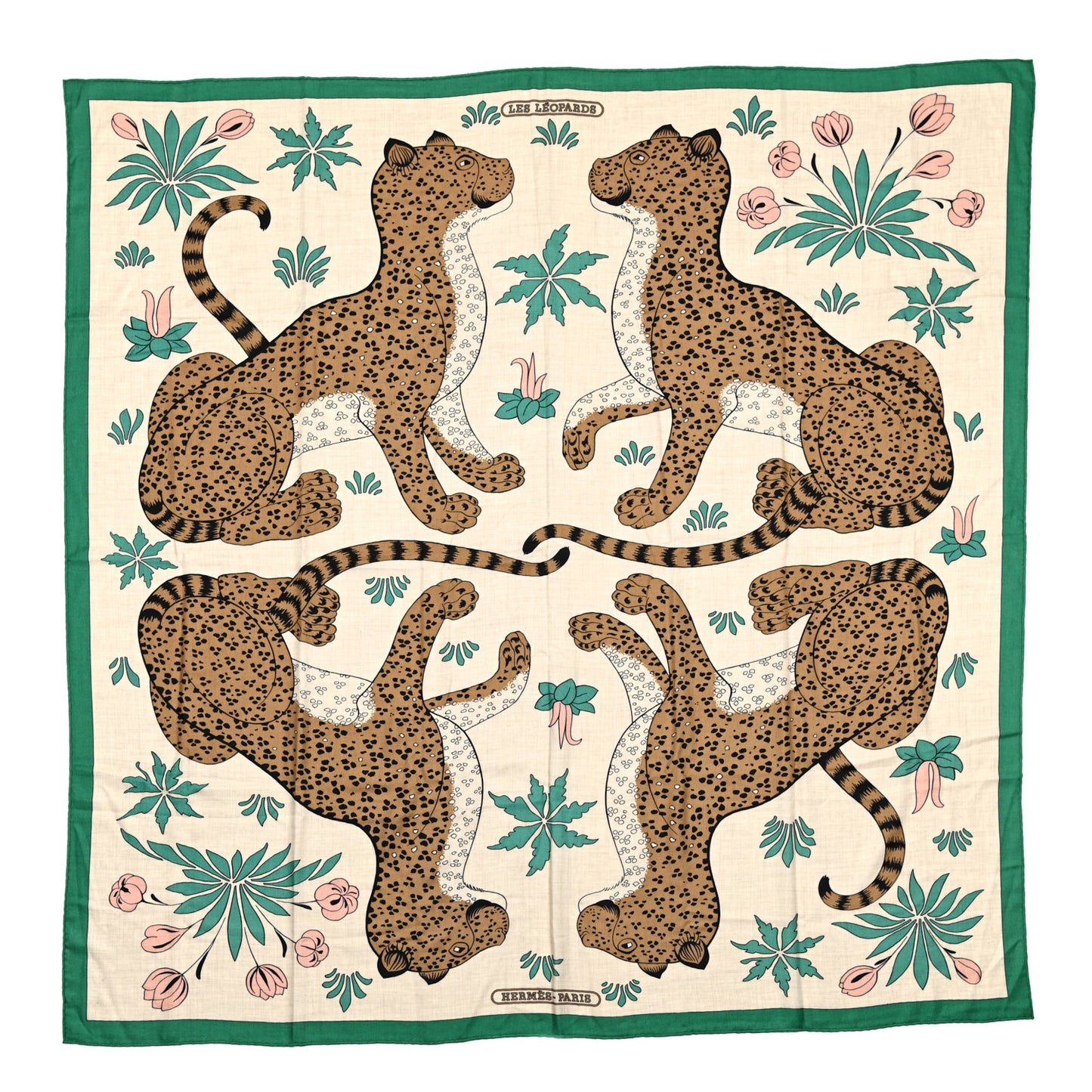 Cashmere Silk Les Leopards Shawl 140 Naturel Vert Havana