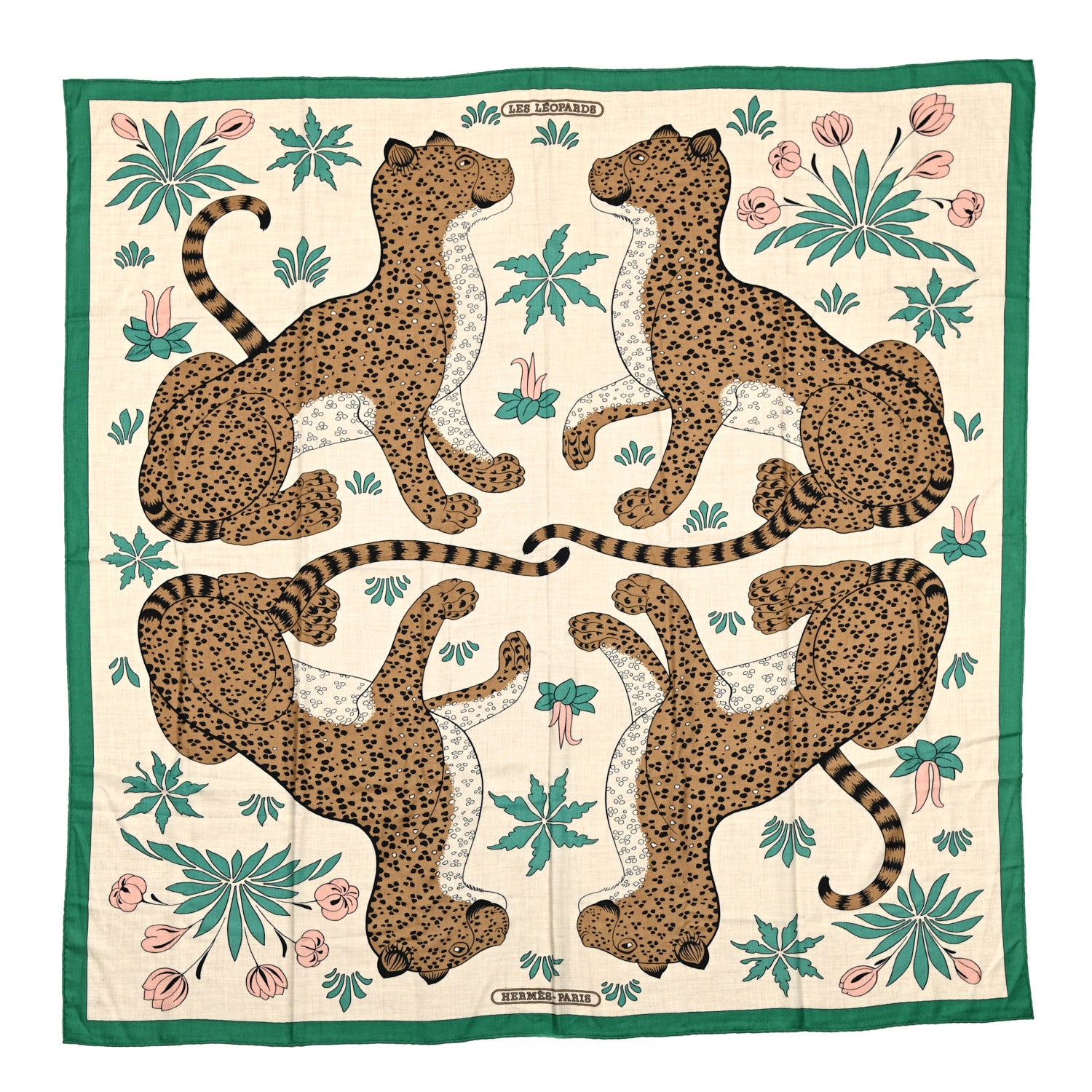 Hermes Cashmere Silk Les Leopards Shawl 140 Naturel Vert Havana 1 of 5
