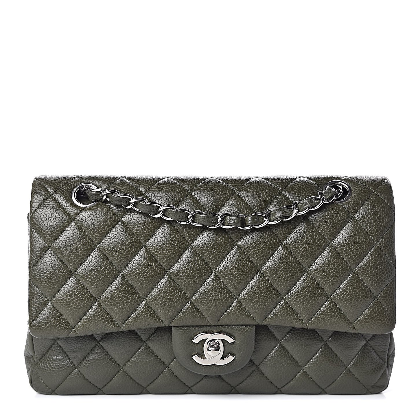 Caviar Quilted Medium Double Flap Dark Green