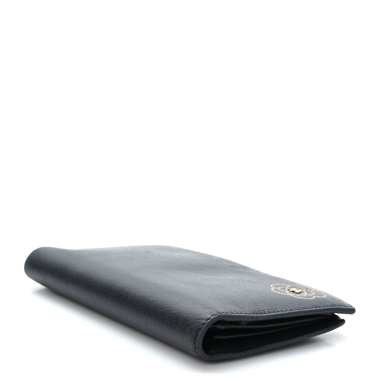 Goatskin Camellia Embossed Yen Wallet Black