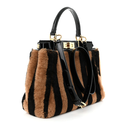 Fendi Shearling Vitello Vernice Mou Pequin Striped Medium Peekaboo Iconic Satchel Tobacco Black 3 of 11
