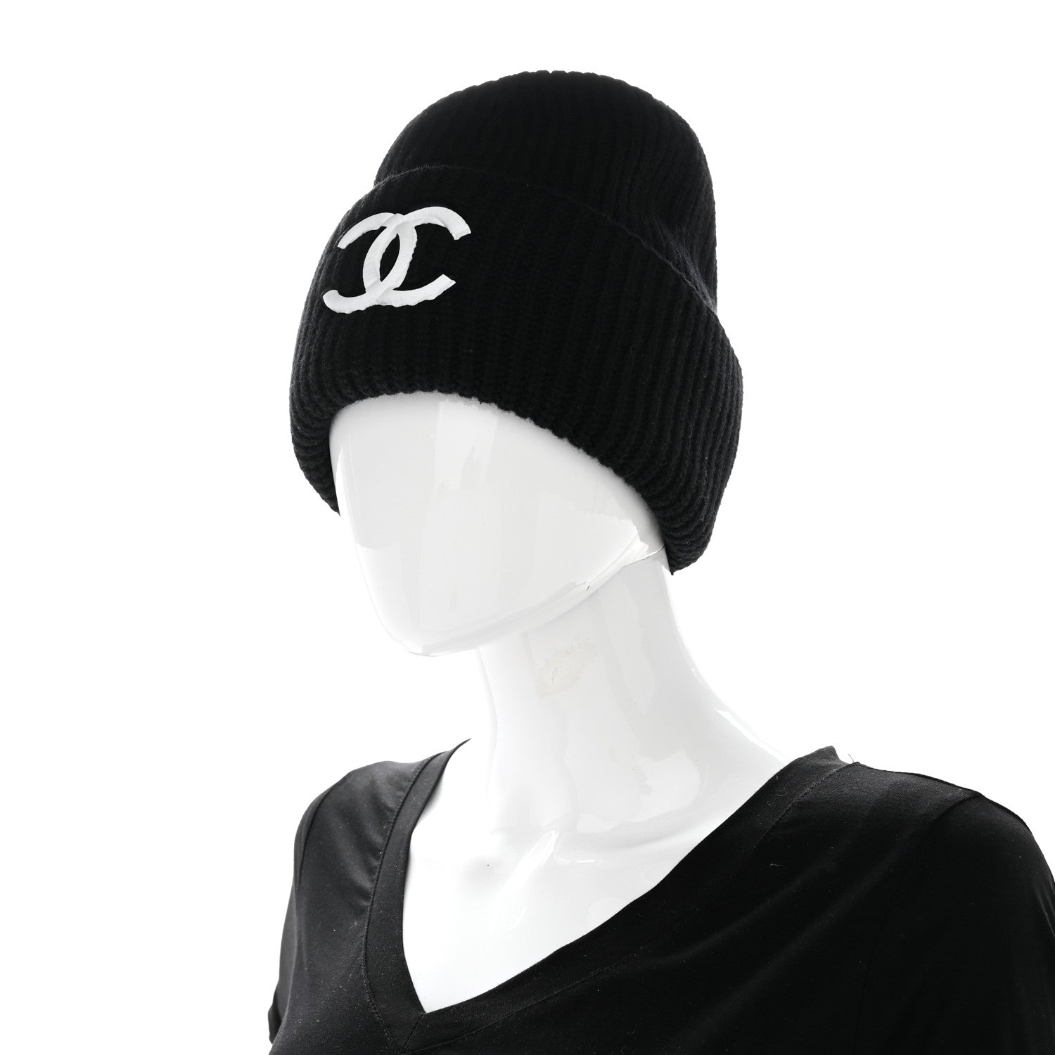 Chanel Wool Cashmere CC Beanie Hat Light Black White 2 of 5