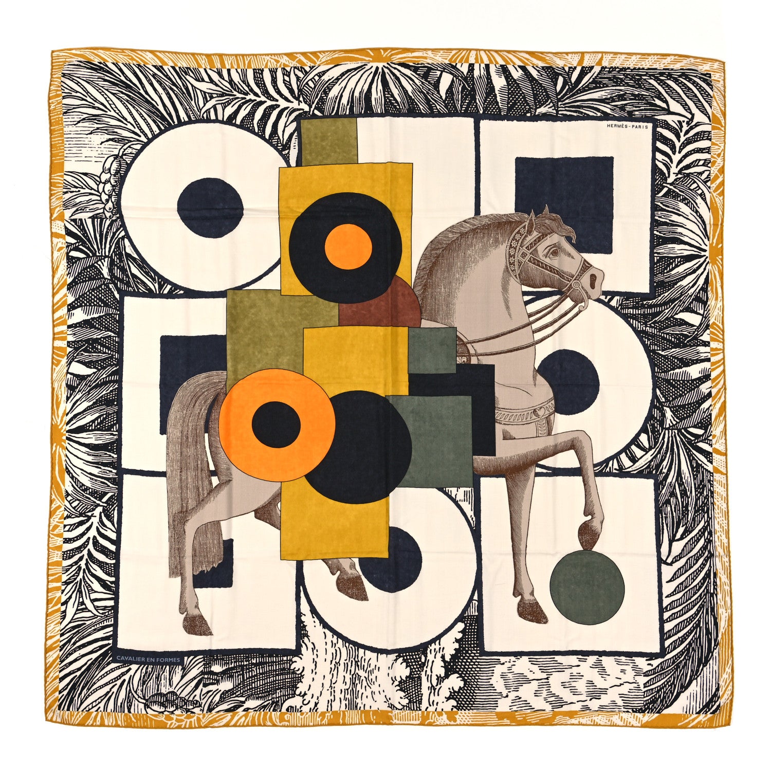 Hermes Cashmere Silk Cavaliere En Formes Shawl 140 White Black Kaki 1 of 5