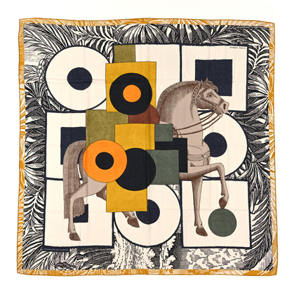 Hermes Cashmere Silk Cavaliere En Formes Shawl 140 White Black Kaki 1 of 5