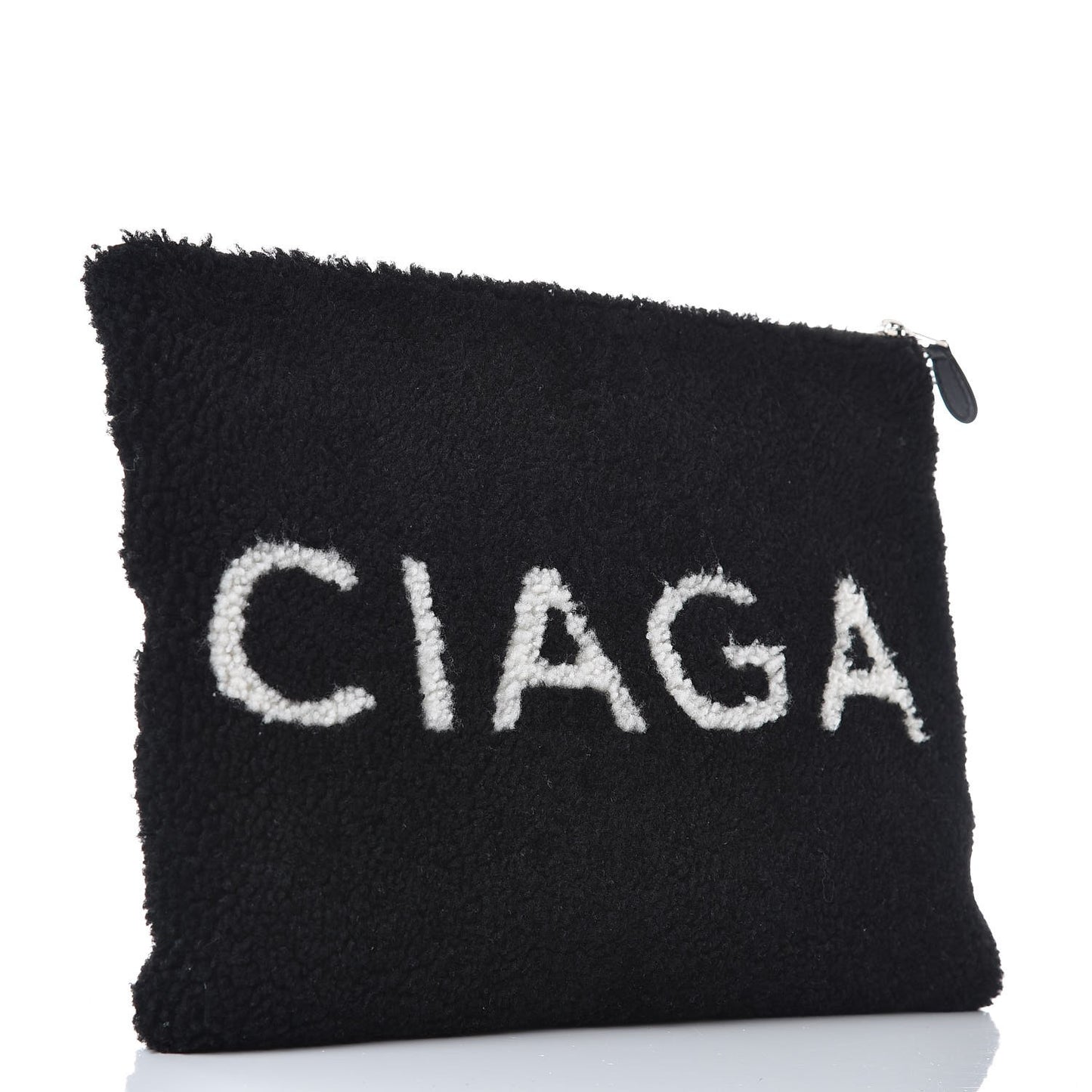 Sheepskin Shearling Contrasted Logo Large Zip Pouch Black