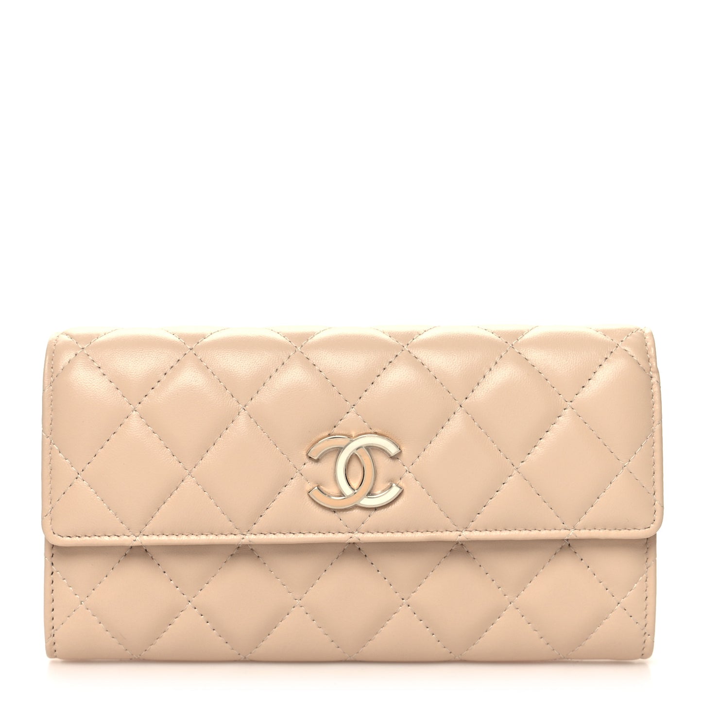 Lambskin Quilted CC Large Gusset Flap Wallet Beige