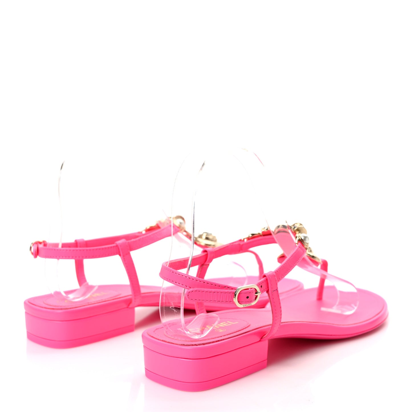 Shiny Lambskin Pearl Crystal CC Heart Thong Sandals 39 Neon Pink