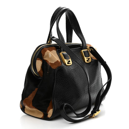 Fendi Pebbled Calfskin Calf Hair Small Chameleon Tote Black Tobacco 3 of 14