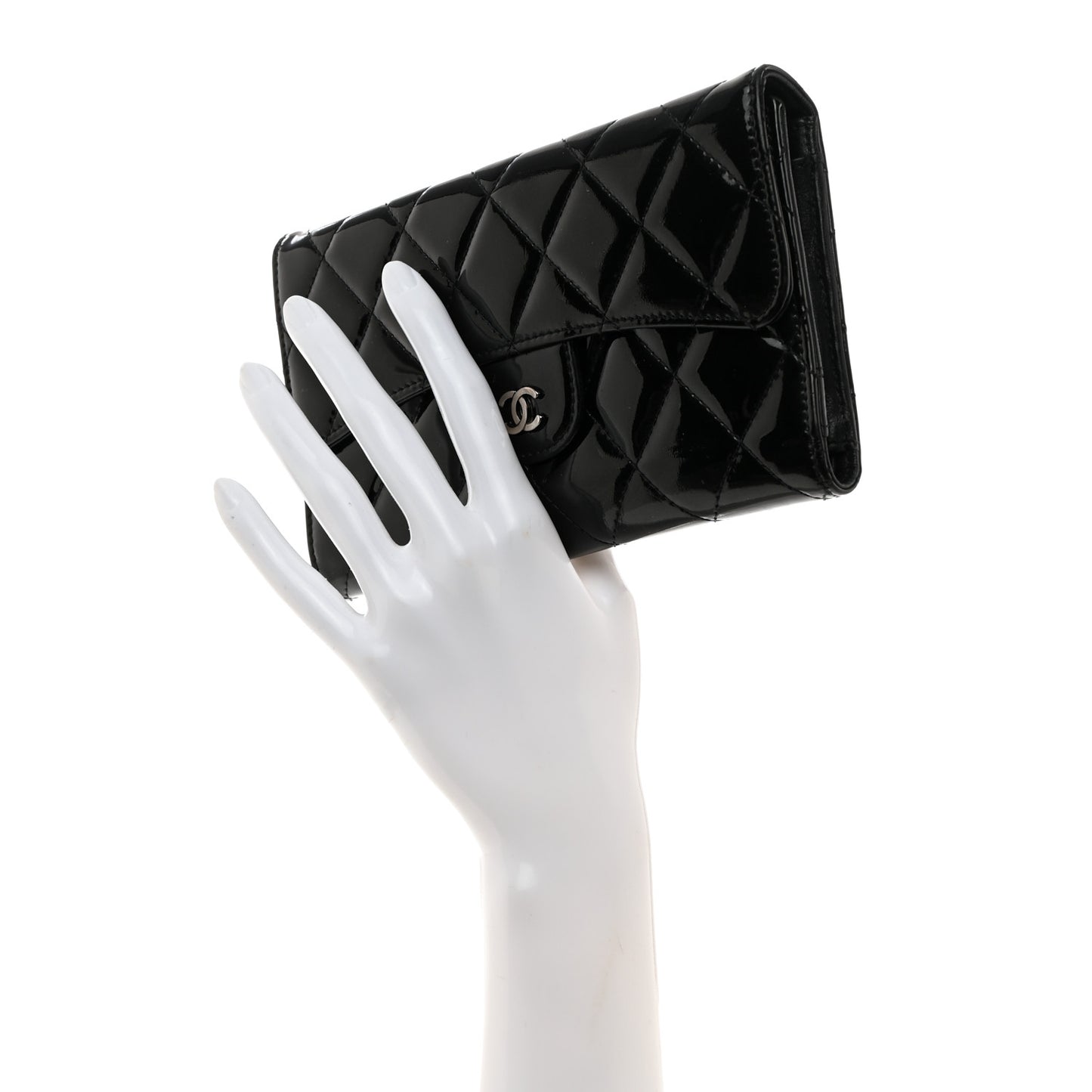 Iridescent Patent Quilted Large Flap Wallet Black