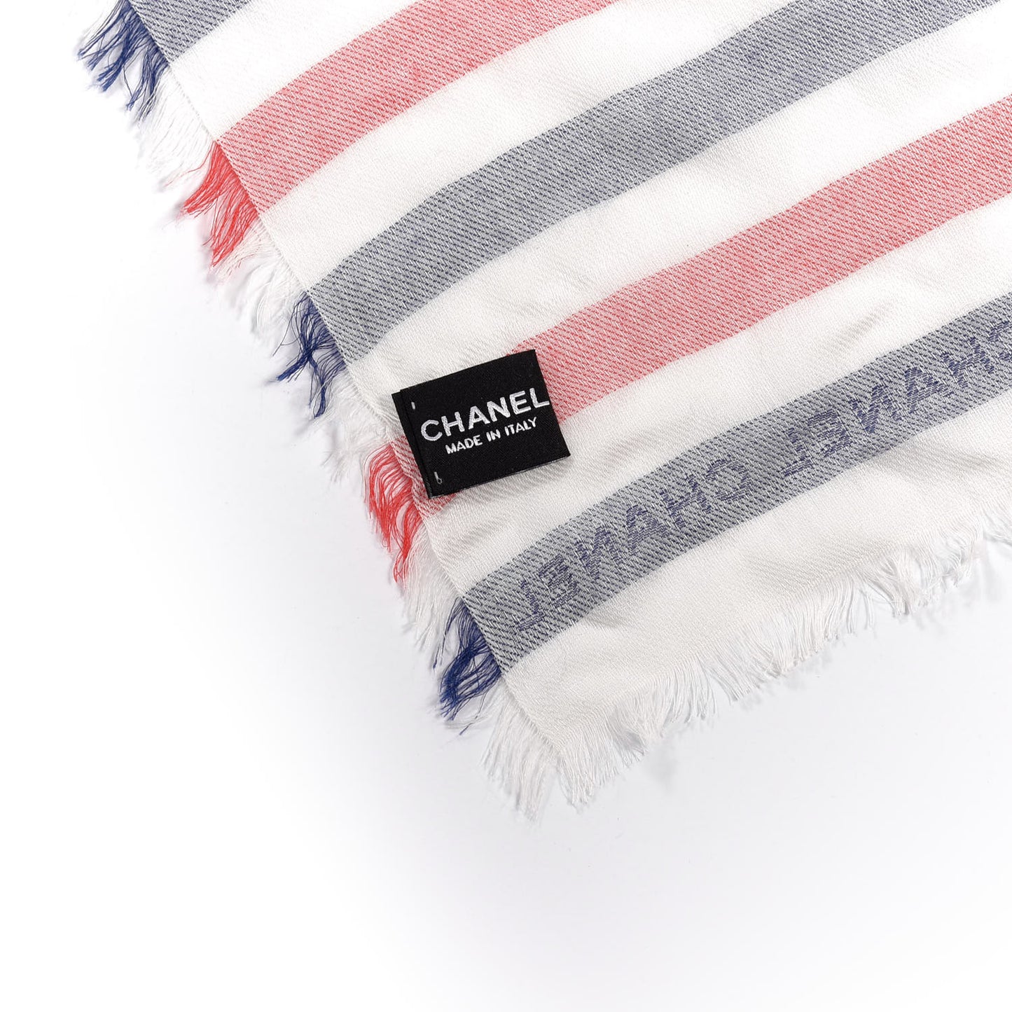 Cashmere Silk Cotton CC Stripe Fringe Scarf White Blue Red