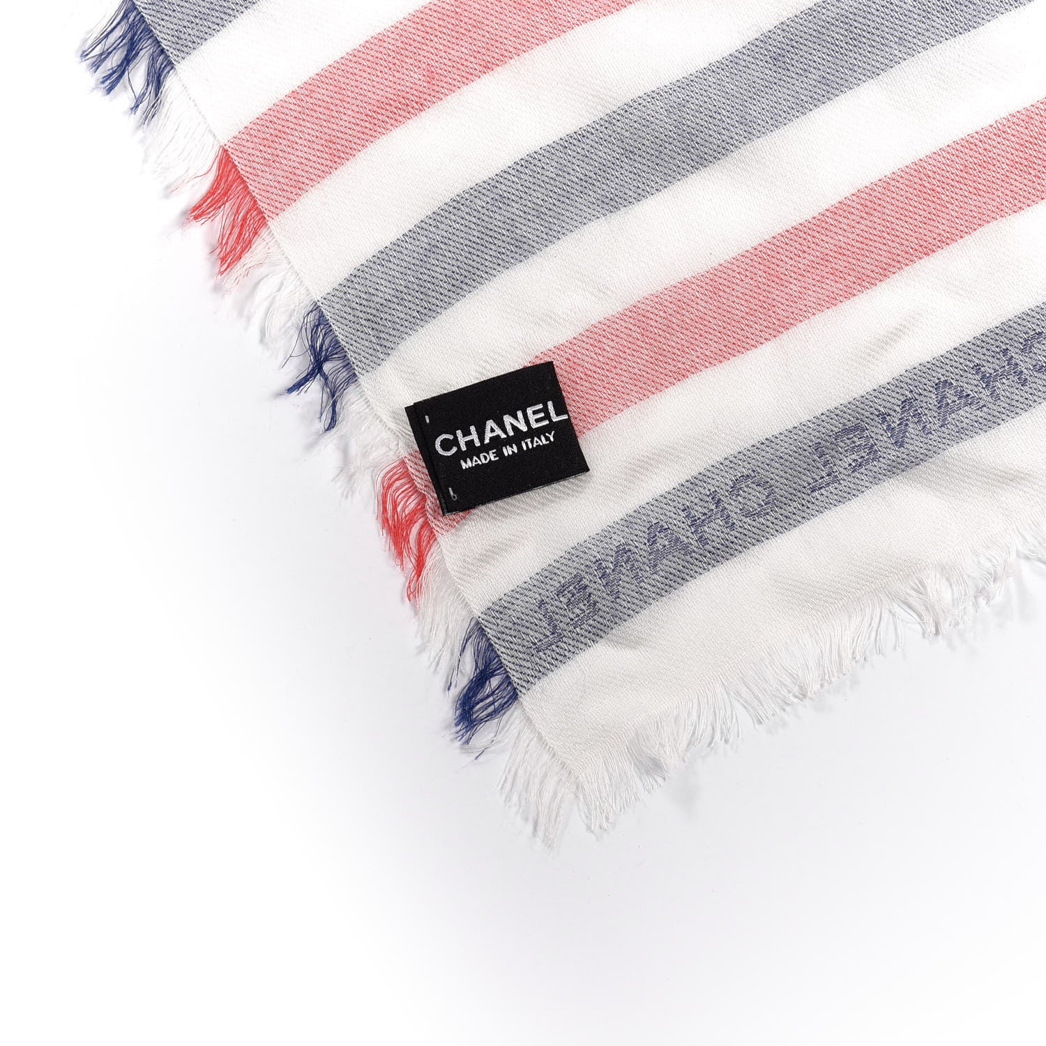 Chanel Cashmere Silk Cotton CC Stripe Fringe Scarf White Blue Red 2 of 3
