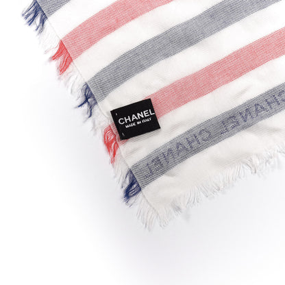 Chanel Cashmere Silk Cotton CC Stripe Fringe Scarf White Blue Red 2 of 3