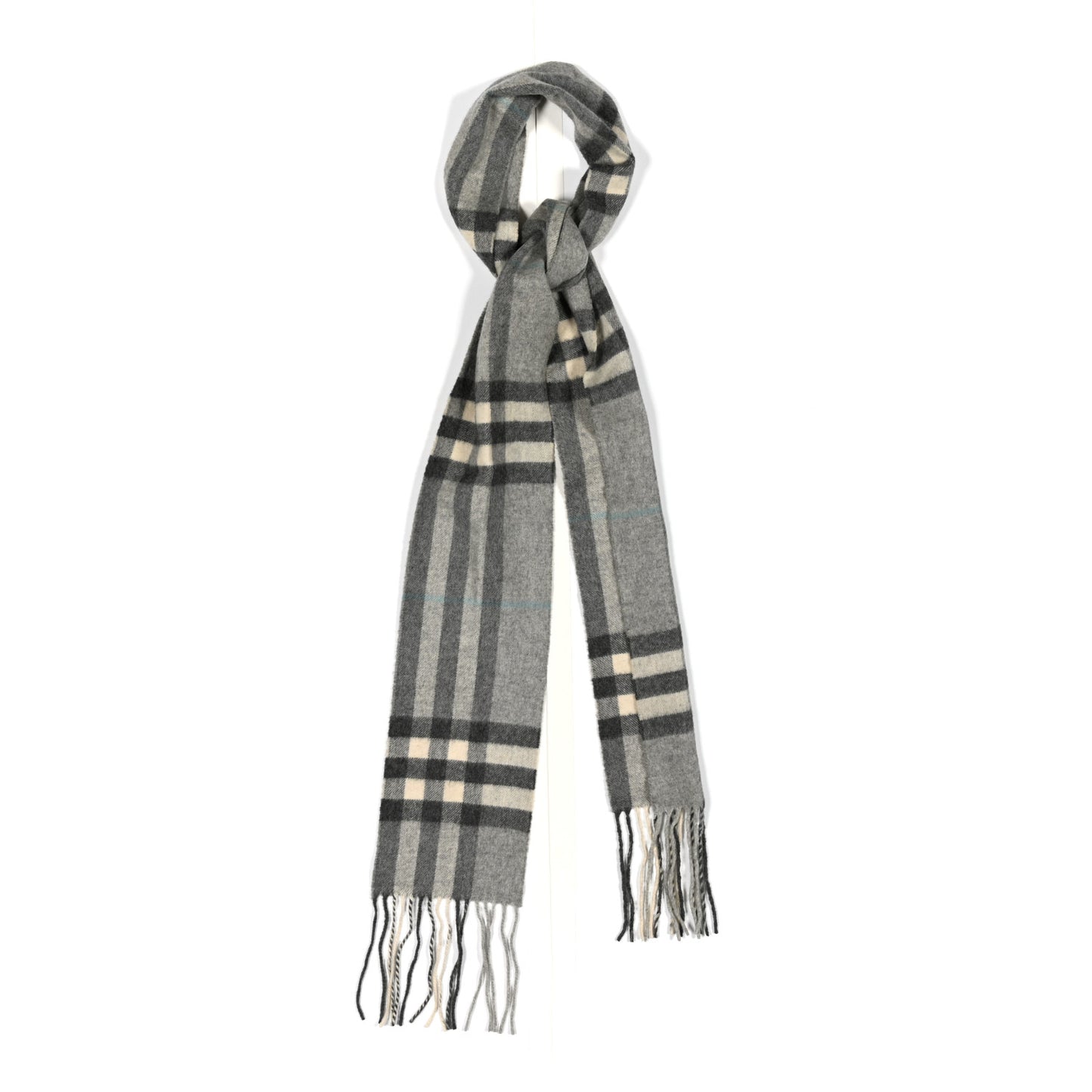 Cashmere Giant Check Fringe Scarf Pale Grey