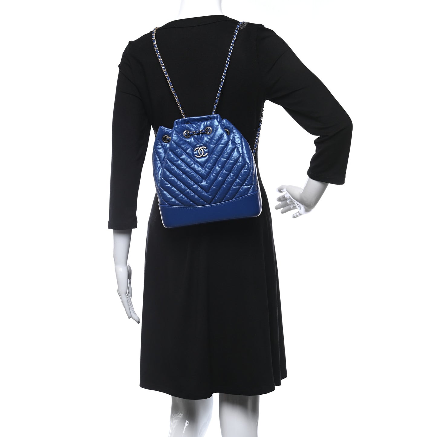 Iridescent Aged Calfskin Chevron Quilted Small Gabrielle Backpack Blue