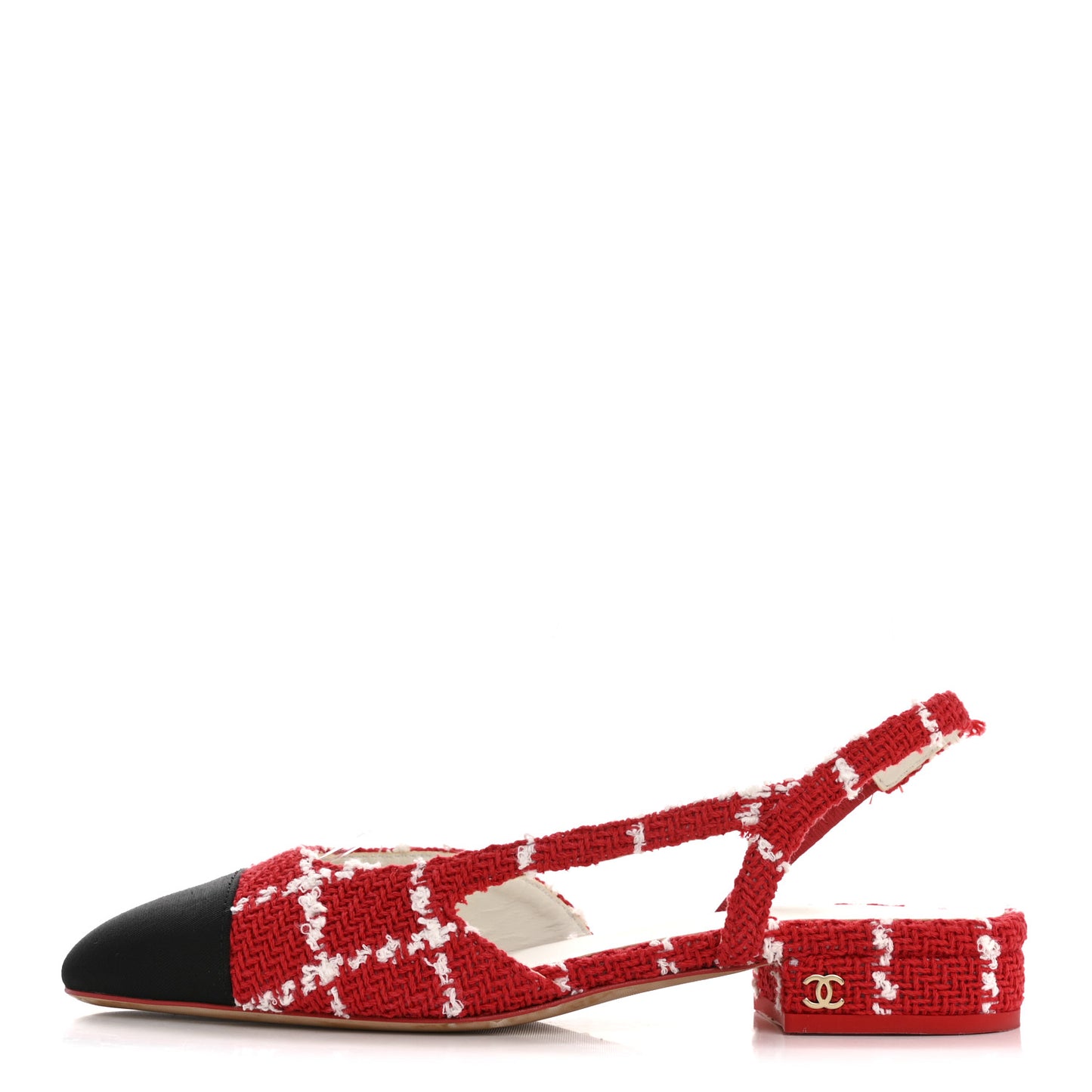 Tweed Grosgrain Cap Toe CC Slingback Flats 36 Red White