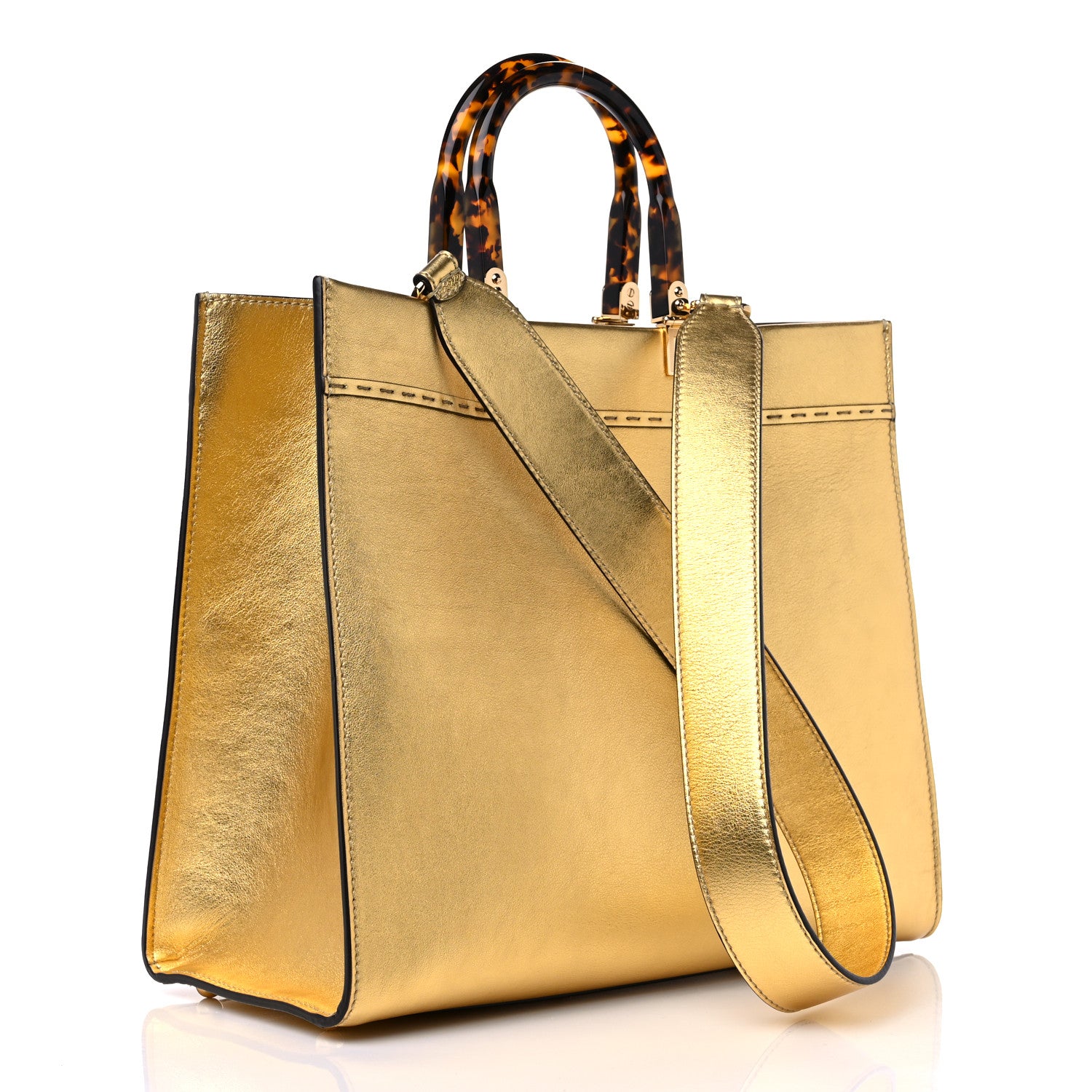 Fendi Vitello Catalan Mirror Plexiglass Logo Embossed Medium Fendi Sunshine Shopper Tote Gold 3 of 9